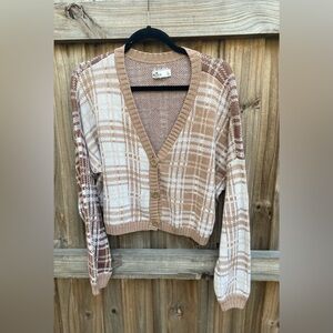 Hollister Brown and Cream Plaid Cardigan Cropped Preppy Size Large